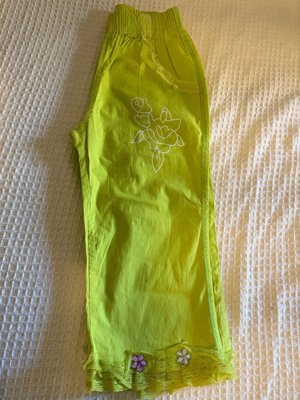 Girls Neon Lime Floral Lace Trim Pants
